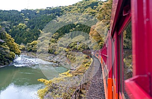 Mountain landscape and Hozu River seen from Sagano Scenic Railway, Arashiyama