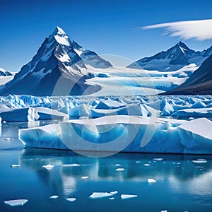 mountain landscape with ice and snow on the ground and mountains in