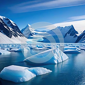 mountain landscape with ice and snow on the ground and mountains in