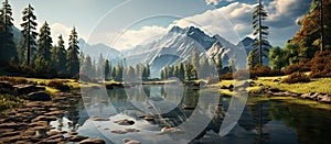 Mountain landscape with lake and forest. Panoramic view