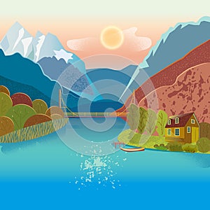 Mountain landscape with lake and a house