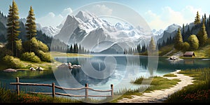 Mountain landscape, lake and mountain range, large panorama. Ai Generative