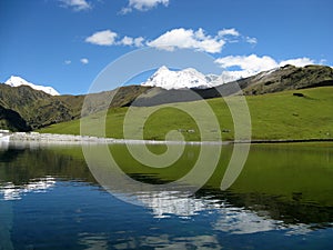 Mountain landscape , lake and Trishul mountain range , large panoroma , Roopkund