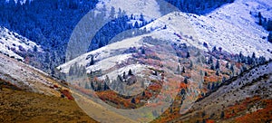 Mountain Landscape in Late Fall with Autumn Colors and First Snow