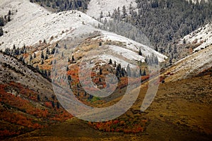 Mountain Landscape in Late Fall with Autumn Colors and First Snow