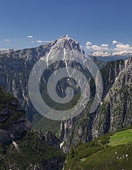 Mountain landscape with Monte Piana in the Dolomite Alps at the Three Peaks nature reserve in summer, South Tyrol Italy