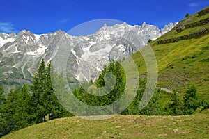 Mountain landscape with mount Grandes Jorasses, Mont Blanc massif, Courmayeur, Italy. photo
