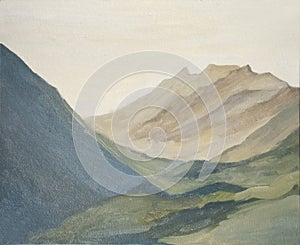 Mountain landscape, mountains at dawn, oil painting