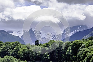 Mountain landscape - mountains forest, rocks glaciers snow clouds, Dombay, Karachay-Cherkessia, Russia