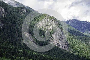 Mountain landscape - mountains forest, rocks glaciers snow clouds, Dombay, Karachay-Cherkessia, Russia