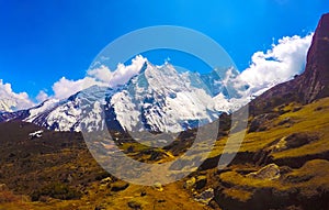 Mountain landscape of Nepal National Park. Nepalese people and severe nature