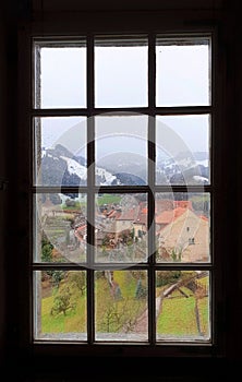 Mountain landscape outside the window