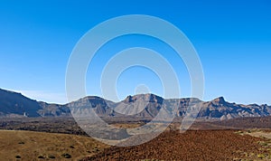 Mountain landscape panorama, desert valley with clear blue sky b