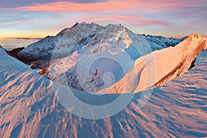 Mountain landscape panoramic view with blue sky Gorgeous winter sunset in Tatra mountains Alps. Colorful outdoor scene, Christmas.