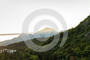 Mountain Landscape. Panoramic View Of Mountains Against Sky During Sunset