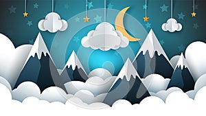 Mountain landscape paper illustration. Cloud, star, moon, sky.