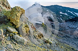 Mountain landscape at Paramushir Island, Karpinsky Volcano. Kuril Islands, Russia