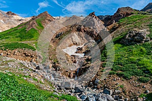 Mountain landscape at Paramushir Island, Kuril Islands, Russia. The Yurievskie hot springs