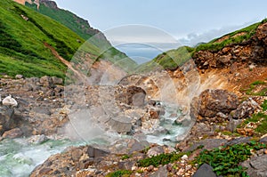 Mountain landscape at Paramushir Island, Kuril Islands, Russia. The Yurievskie hot springs