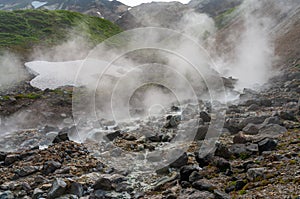 Mountain landscape at Paramushir Island, Kuril Islands, Russia. The Yurievskie hot springs