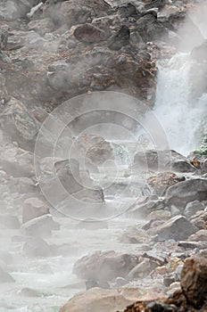 Mountain landscape at Paramushir Island, Kuril Islands, Russia. The Yurievskie hot springs