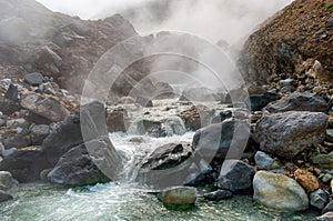 Mountain landscape at Paramushir Island, Kuril Islands, Russia. The Yurievskie hot springs