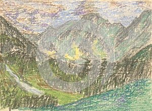 Mountain landscape, pastel drawing mountains on the horizon