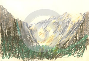 Mountain landscape, pastel drawing mountains on the horizon