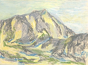 Mountain landscape, pastel drawing mountains on the horizon