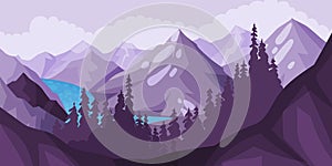 Mountain Landscape with Peaks, High Trees and Flashy River Vector Illustration