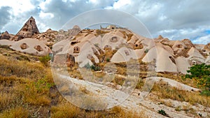 Mountain landscape in Pigeon valley in Cappadocia, Turkey. Unreal rock formations of Cappadocia