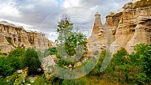 Mountain landscape in Pigeon valley in Cappadocia, Turkey. Unreal rock formations of Cappadocia