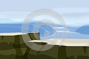 Mountain landscape plateau rock. Rocks hills river fjord sea horizon space parallax panorama. Vector illustration