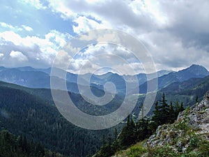 Mountain landscape between Polana Jaworzynka and Murowaniec shelter in Tatra in Poland.