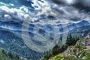 Mountain landscape between Polana Jaworzynka and Murowaniec shelter in Tatra in Poland.