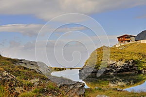 Mountain landscape with pond and chalet