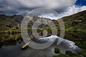 Mountain landscape reflected in lake water surface in the Cordillera Blanca, Huaraz