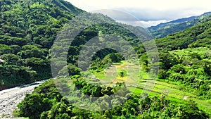 Mountain landscape with rice fields. Mountains and a beautiful valley with rice terraces.