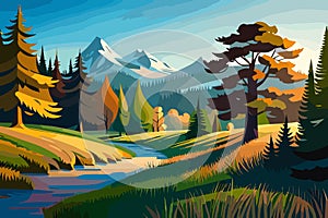 Mountain landscape with river and coniferous forest, vector illustration, generative ai