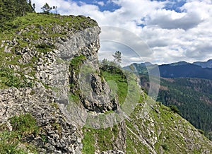 Mountain landscape with rocky cliff and spruces, sunny summer day. View from Mount Nosal, Tatra Mountains.