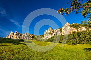 Horská krajina so skalnatými vrcholmi na pozadí v letnom období