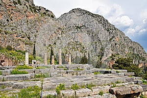 Mountain landscape and the ruins in Delphi Sanctuary of Apollo , Greece