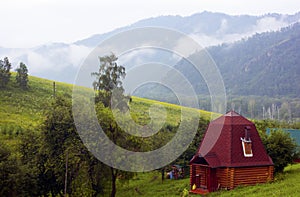 Mountain landscape, Russia, Altai, traditional dwelling of Altai - ail