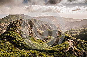 Mountain landscape with a scenic road. Beautiful nature. Remote island landscape. Hiking on La Gomera in the Garajonay national