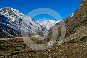 Mountain landscape and scenic view of high mountains in Himalayas