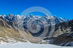 Mountain landscape and scenic view of high mountains in Himalayas