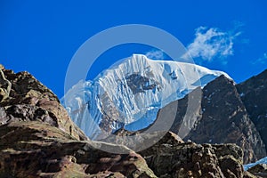 Mountain landscape and scenic view of high mountains in Himalayas