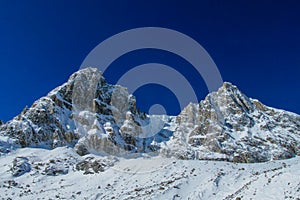 Mountain landscape and scenic view of high mountains in Himalayas