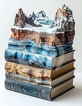 Mountain Landscape Sculpture on a Stack of Books