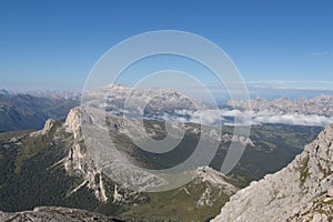 Mountain landscape seeing from Lagazuoi terrace in a sunny day, Dolomites, Italy